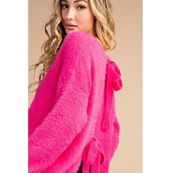 NWT Hot Pink Back Tie Faux Fur Sweater - Picture 4 of 5